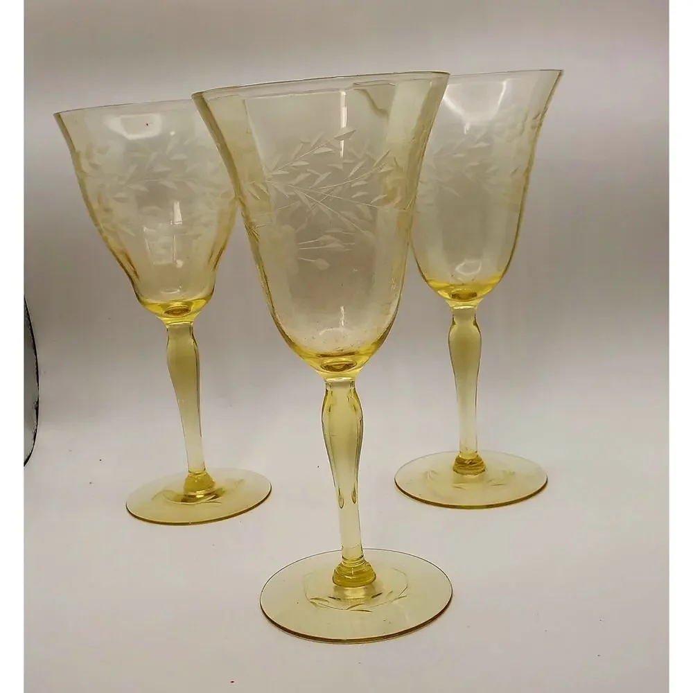 3 Elegant Tiffin-Franciscan Etched Wine Glasses Mandarin Yellow Topaz Gold
